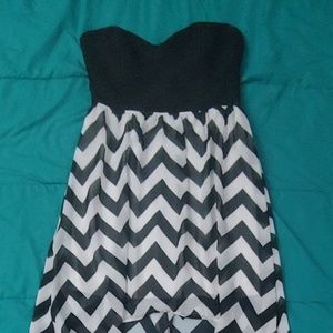 Black and white chevron high low strapless dress